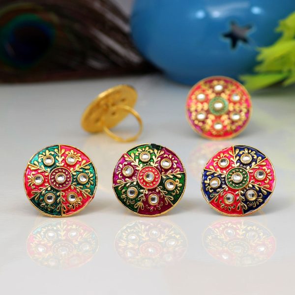 Assorted Color 5 Pieces Of Kundan Meena Rings-0