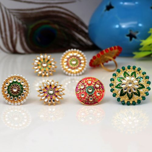 Assorted Color 7 Pieces Of Kundan Meena Rings