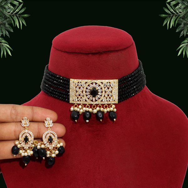 Black Color American Diamond Choker Necklace Set-12411