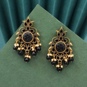 Black Color Carving Stone Antique Earrings-0