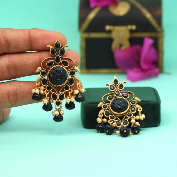 Black Color Carving Stone Antique Earrings-14466