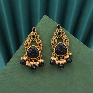 Black Color Carving Stone Antique Earrings-0