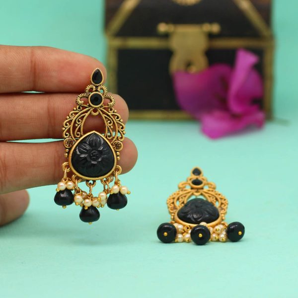 Black Color Carving Stone Antique Earrings-14055