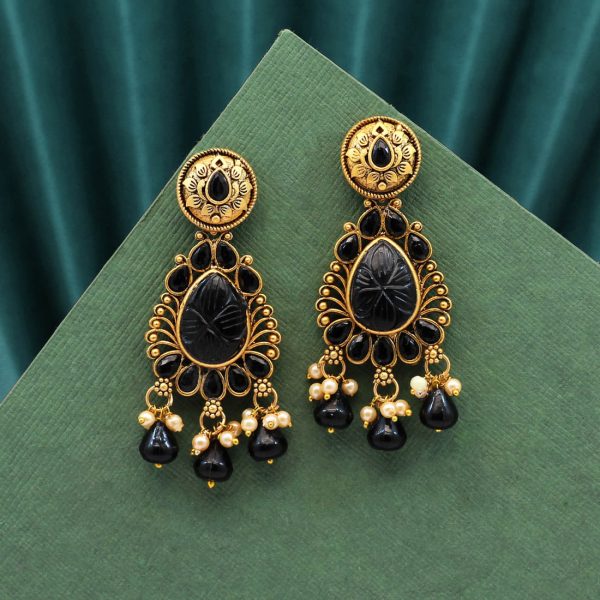 Black Color Carving Stone Antique Earrings-0