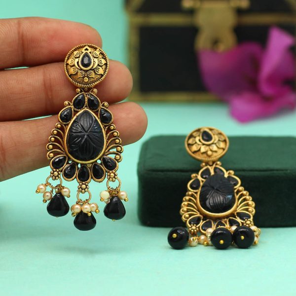 Black Color Carving Stone Antique Earrings-14073