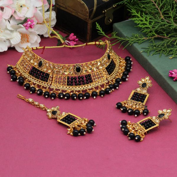 Black Color Choker Kundan Polki Necklace Set-4886