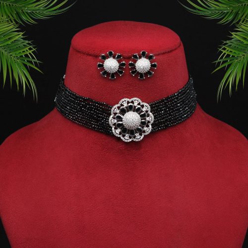 Black Color Choker Premium American Diamond Necklace Set