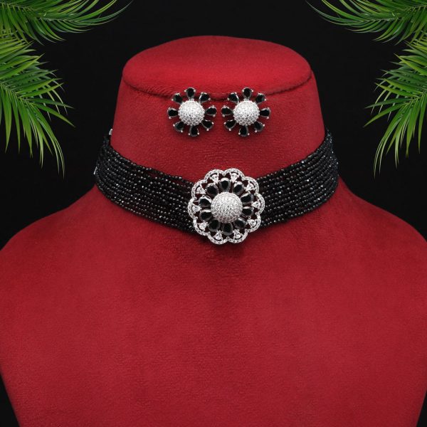 Black Color Choker Premium American Diamond Necklace Set-0