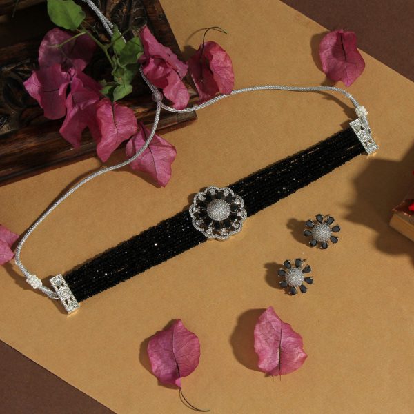 Black Color Choker Premium American Diamond Necklace Set-4715