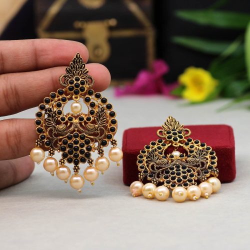 Black Color Colorful Kundan Antique Earrings