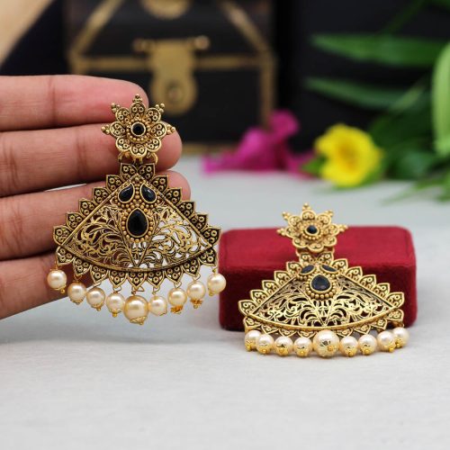 Black Color Colorful Kundan Antique Earrings