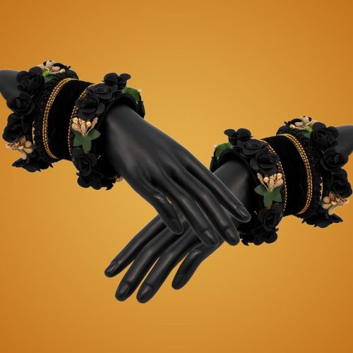 Black Color Floral Bangles Set: 2.4