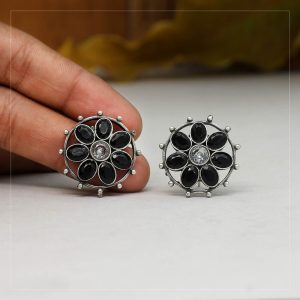 Black Color Glass Stone Oxidised Earrings-0