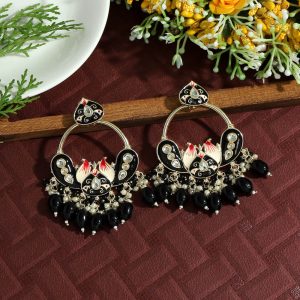 Black Color Hand Painted Kundan Meenakari Earrings-0