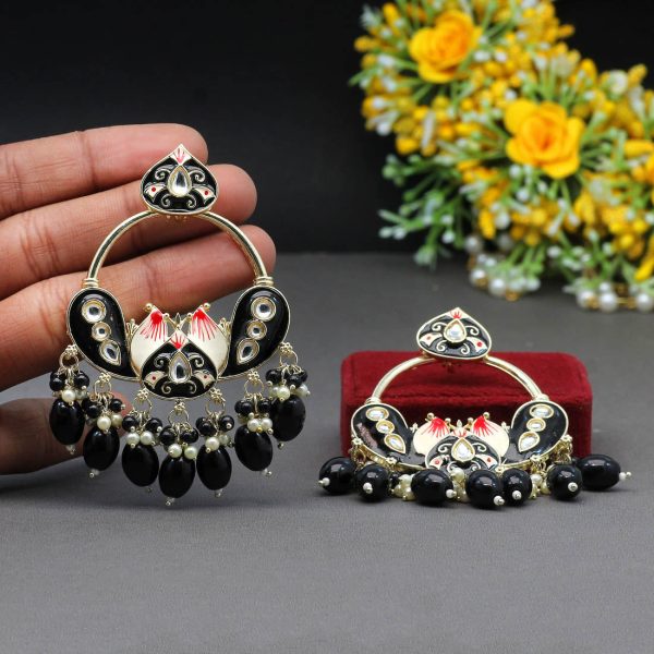 Black Color Hand Painted Kundan Meenakari Earrings-4917