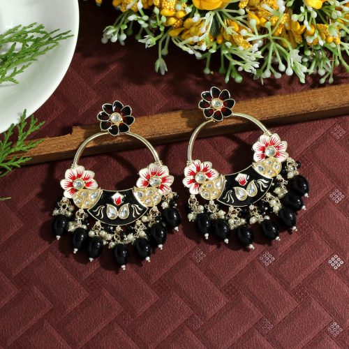 Black Color Hand Painted Kundan Meenakari Earrings