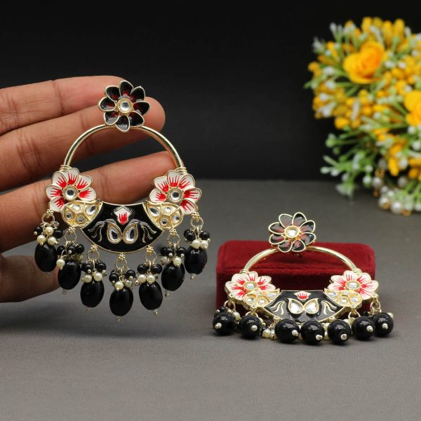 Black Color Hand Painted Kundan Meenakari Earrings-4933