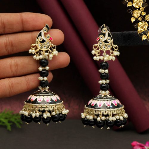 Black Color Hand Painted Kundan Meenakari Earrings