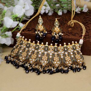 Black Color Kundan Meena Necklace Set-0