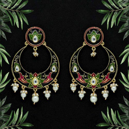 Black Color Kundan Meenakari Earrings