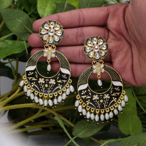 Black Color Kundan Meenakari Earrings