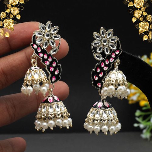 Black Color Kundan Meenakari Earrings