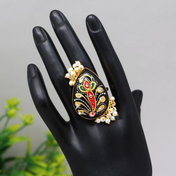 Black Color Kundan Meenakari Finger Ring For Women-15965