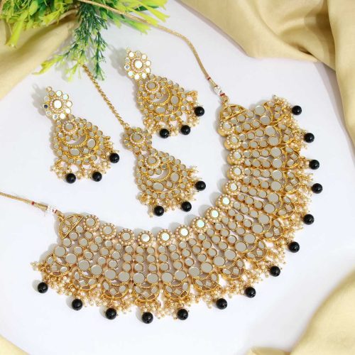 Black Color Kundan Mirror Necklaces Set