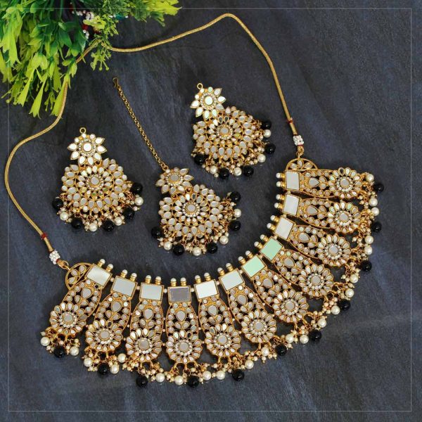 Black Color Kundan Mirror Necklaces Set-0