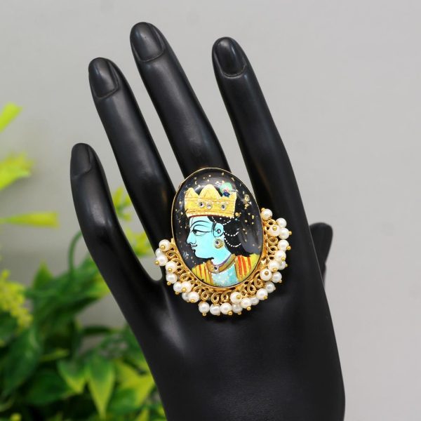 Black Color Lord Krishna Meenakari Finger Ring For Women-16019