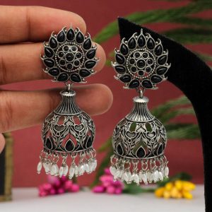 Black Color Oxidised Earrings-0