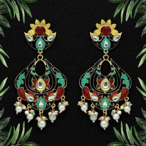 Black & Rama Green Color Kundan Meenakari Earrings