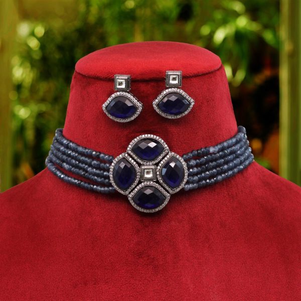 Blue Color American Diamond Choker Necklaces Set-0