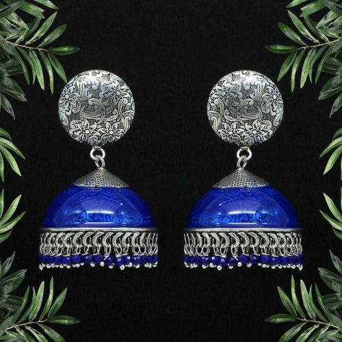 Blue Color Beads Oxidised Meenakari Earrings