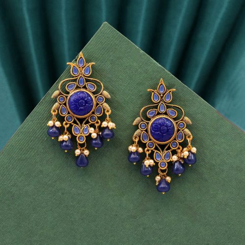 Blue Color Carving Stone Antique Earrings