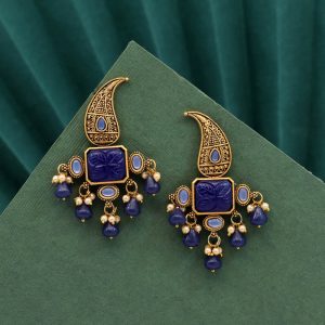 Blue Color Carving Stone Antique Earrings-0