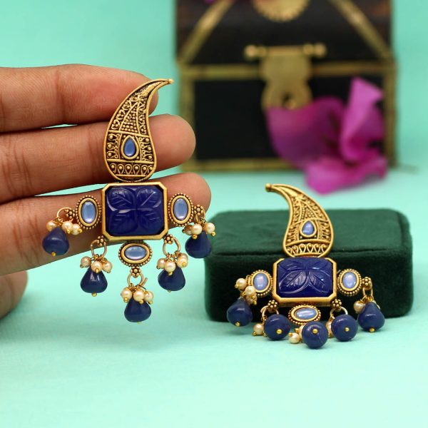 Blue Color Carving Stone Antique Earrings-14526