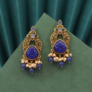 Blue Color Carving Stone Antique Earrings-0