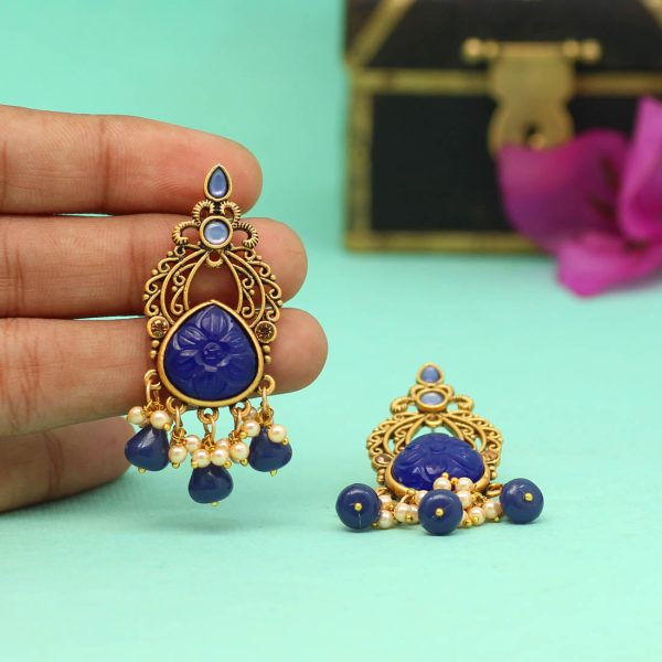 Blue Color Carving Stone Antique Earrings-14065