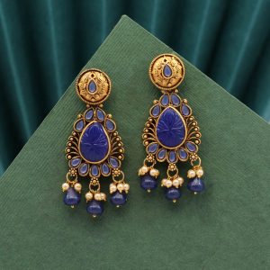 Blue Color Carving Stone Antique Earrings-0