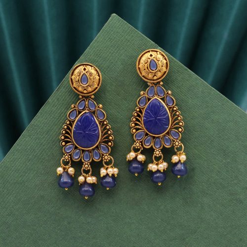 Blue Color Carving Stone Antique Earrings