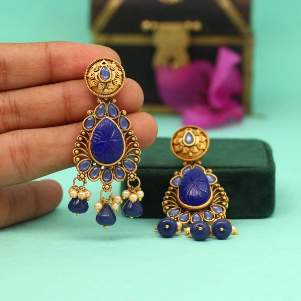 Blue Color Carving Stone Antique Earrings-14095