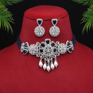 Blue Color Choker Premium American Diamond Necklace Set-0