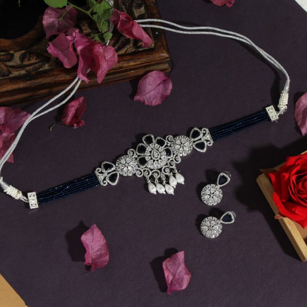 Blue Color Choker Premium American Diamond Necklace Set-4729