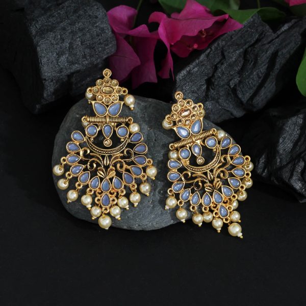 Blue Color Colorful Kundan Antique Earrings-12286