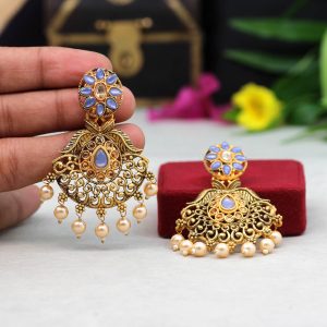 Blue Color Colorful Kundan Antique Earrings-0