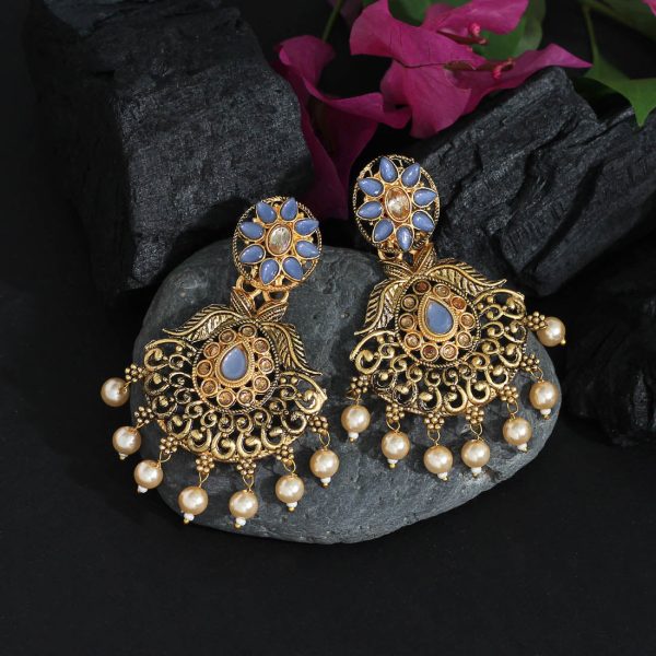 Blue Color Colorful Kundan Antique Earrings-14580