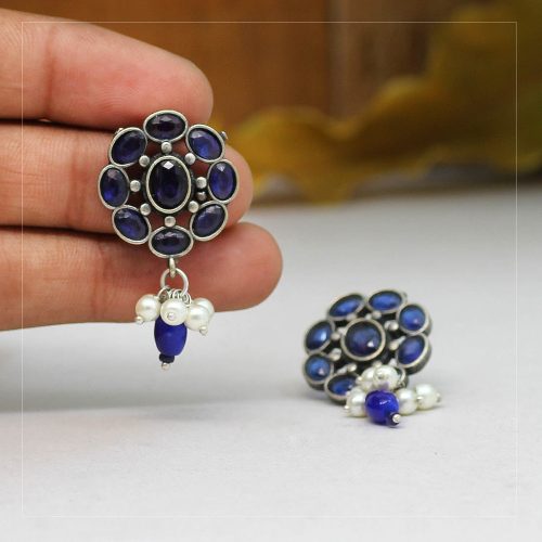 Blue Color Glass Stone Oxidised Earrings