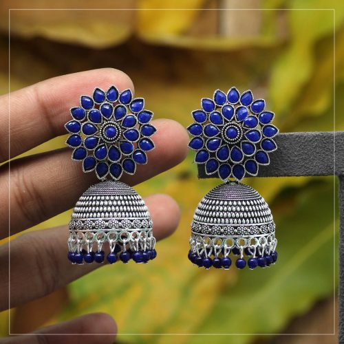 Blue Color Glass Stone Oxidised Earrings