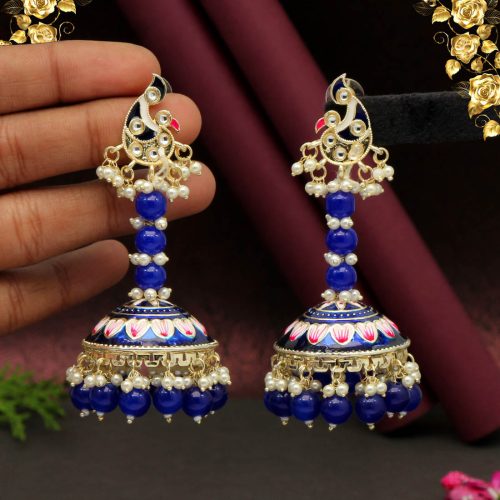 Blue Color Hand Painted Kundan Meenakari Earrings